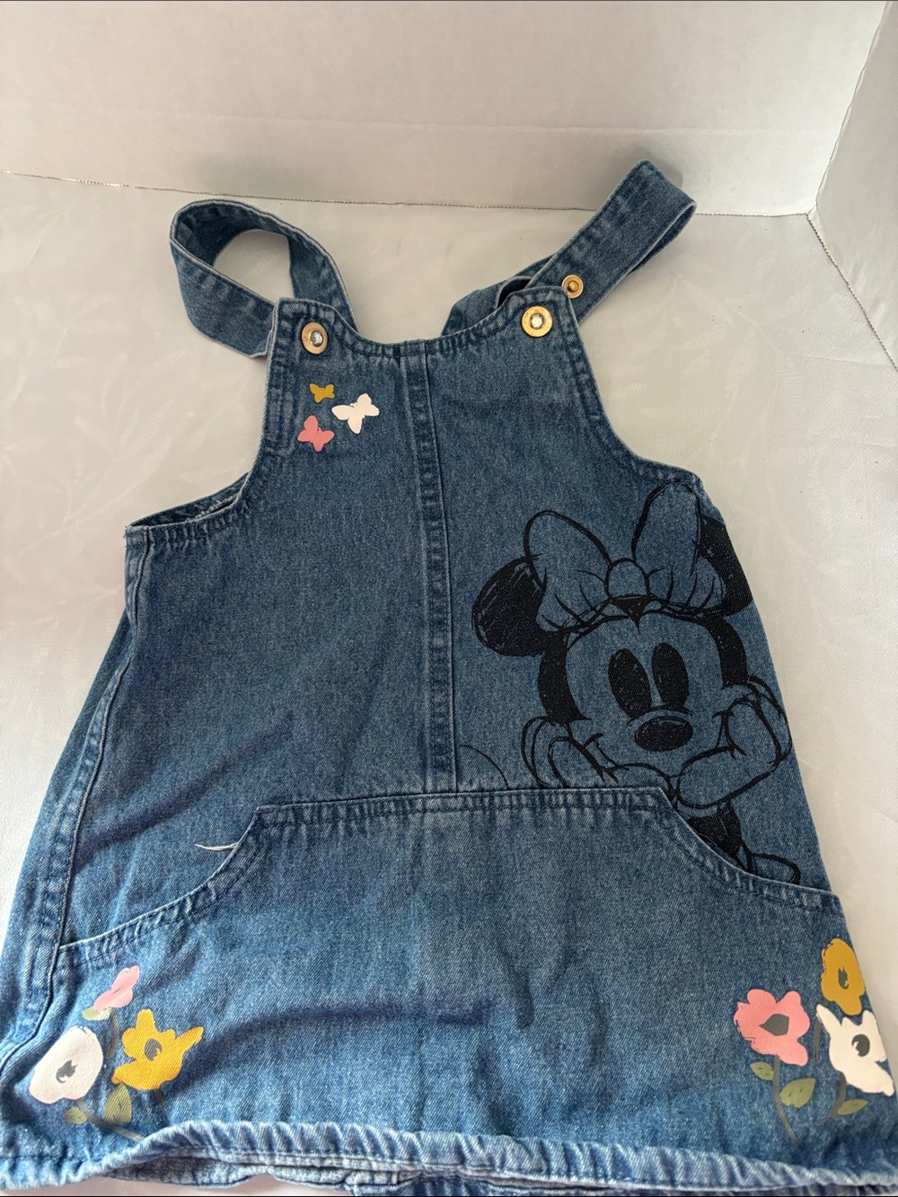 Disney Denim Minnie Overalls Dress in Blue with Floral Accents